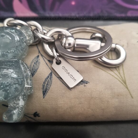 NWOT Coach Signature Teddy Bear Keychain Bag Charm Blue Silver Glitter Keyring - Picture 4 of 5